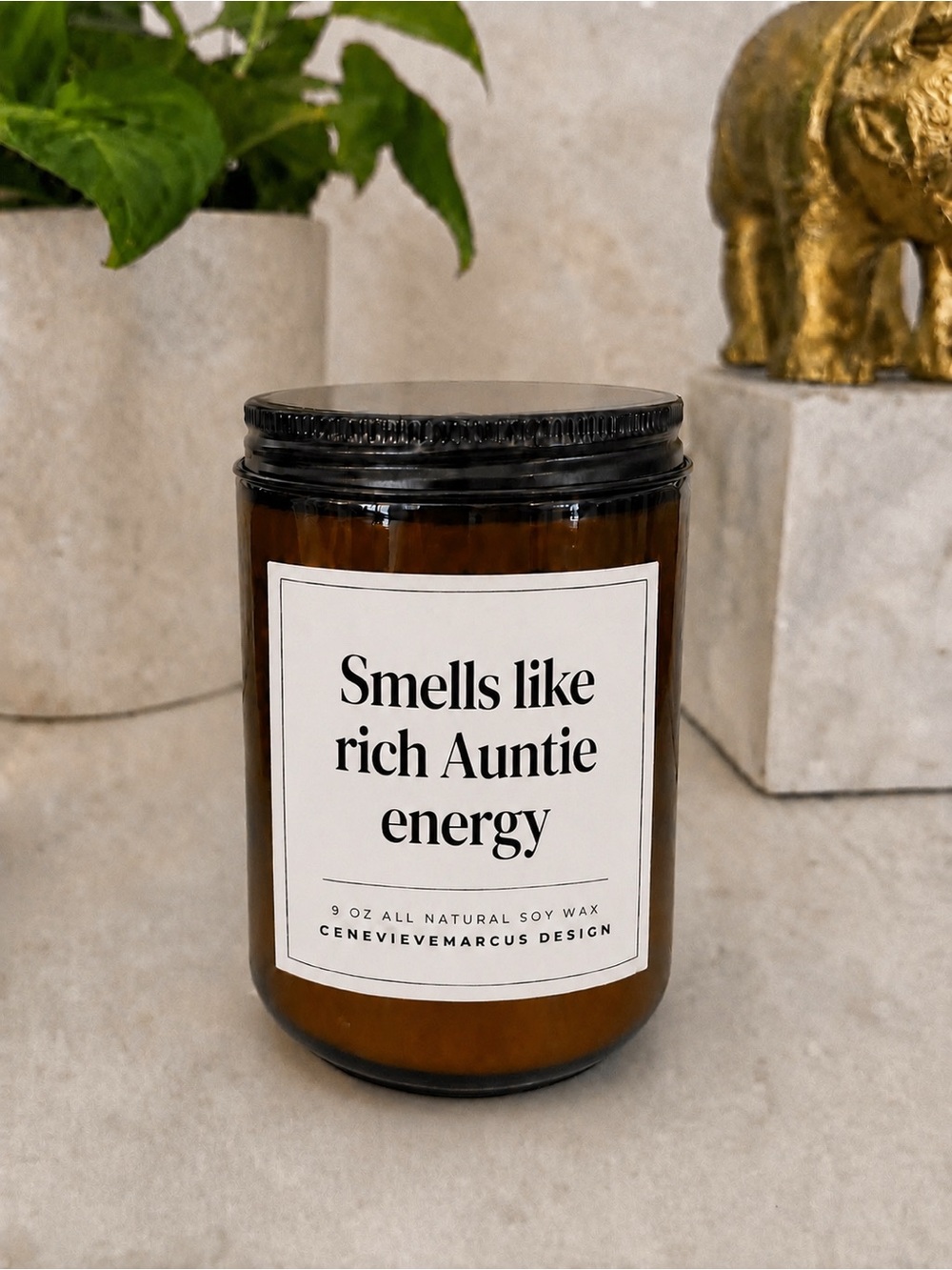 'Smells Like Rich Auntie Energy' Amber Soy Candle - Black Lid